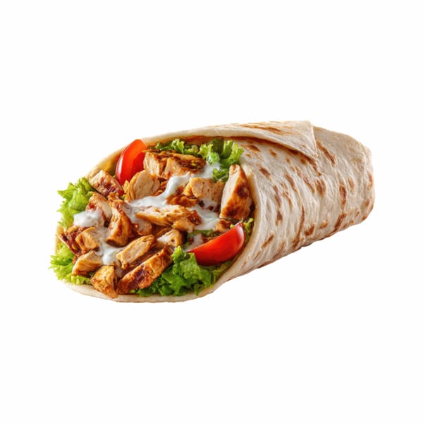 Chicken shawarma wrap with grilled chicken, lettuce, tomatoes, and white sauce on a white background.